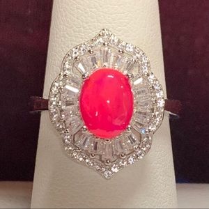 Fire Opal, Sterling & CZ Raised Halo Ring